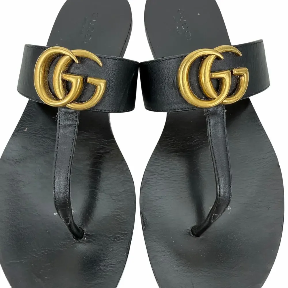 Gucci Black Leather Thong Sandal Gold Double G Logo Size 37